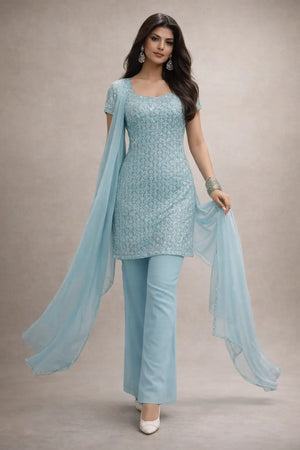 Embroidered Fox Georgette Palazzo Suit Set