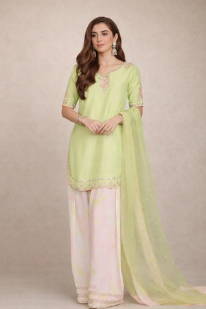 Light Green & Pink Contrast Crepe Embroidered Suit with Farshi Plazzo & Organza Dupatta