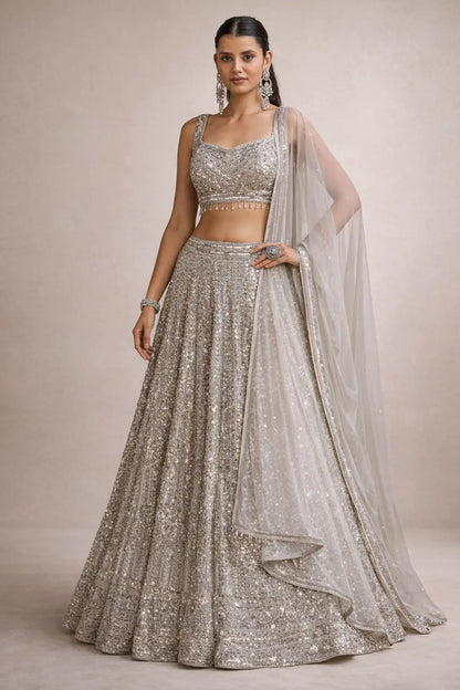 Ivory Silver Embroidered Faux Georgette Lehenga Set